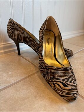 J.Renee Zebra-Print Pointed Toe Pumps in Black & Tan